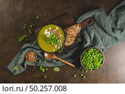 Green pea soup with linseed and pumpkin and sunflower seeds on a rustic kitchen countertop. Стоковое фото, агентство Ingram Publishing / Фотобанк Лори