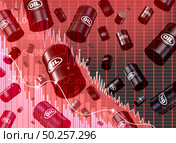 Falling oil price dive and decrease of petroleum costs concept as a barrel with supply and demand shaped as a downward arrow as a metaphor for energy stock market decline with 3D illustration elements. Стоковое фото, агентство Ingram Publishing / Фотобанк Лори