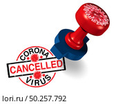 Coronavirus cancellation and cancelled concept and covid 9 as events as trips gatherings are postponed or disrupted due to the virus outbreak as a stamp mark as a 3D illustration. Стоковое фото, агентство Ingram Publishing / Фотобанк Лори