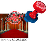 Coronavirus cancelled concept and covid 9 cancellation as events as shows or concerts and theatre or cinema postponed or disrupted due to the virus outbreak as a stamp mark as a 3D illustration. Стоковое фото, агентство Ingram Publishing / Фотобанк Лори