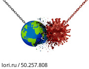Pandemic virus battle vaccine and flu or coronavirus medical fight disease as the world fighting a contagious pathogen cell as a health care metaphor for researching a cure with 3D illustration elements. Стоковое фото, агентство Ingram Publishing / Фотобанк Лори