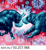 Stock market pandemic and virus fear or bull and bear economic crisis and sick financial health as a business recession concept for uncertainty in the economy investing with 3D illustration elements. Стоковое фото, агентство Ingram Publishing / Фотобанк Лори