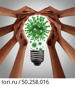 Virus solutions and coronavirus pandemic health advice as people working as one as a diverse group coming together joining hands into the shape of a light bulb with 3D illustration elements. Стоковое фото, агентство Ingram Publishing / Фотобанк Лори