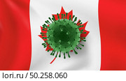 Model of Coronavirus molecule on a background of Canadian flag. Rapid spread of Coronavirus, Covid 19 in the world. Global calamity. Quarantine concept.. Model of Coronavirus on the background of Canadian flag. Стоковое фото, агентство Ingram Publishing / Фотобанк Лори
