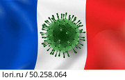 Model of Coronavirus bacteria on a background of French flag. Rapid spread of Coronavirus, Covid 19 in the world. Global calamity. Quarantine concept.. Bacteria of Coronavirus on the background of French flag. Стоковое фото, агентство Ingram Publishing / Фотобанк Лори