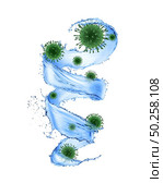 Flying water splash with models of Coronavirus molecules on a white background, copy space. Concept of disinfectant actions as prevention during pandemic of Coronavirus, Covid-19.. Water splash with Corona virus bacteria. Стоковое фото, агентство Ingram Publishing / Фотобанк Лори