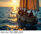 Group of sailors in traditional uniforms steering a classic sailboat through gentle sea waves during sunset, warm sunlight illuminating teamwork, adventure, maritime journey, and serene seascape. Стоковое AI-изображение, AI-художник Андрей Ка / Фотобанк Лори
