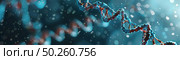 Detailed visualization of DNA strand with its characteristic double helix shape, highlighted by red and blue accents. Стоковое AI-изображение, AI-художник Данила Большаков / Фотобанк Лори