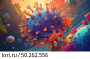 Covid-19 virus particles surrounded by diverse cells. Mutations, fluid-like environment. illuminated, dynamic scene. vivid portrayal of viral behavior in simulated microscopic underwater landscape. Стоковое AI-изображение, AI-художник Андрей Ка / Фотобанк Лори