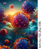 Visualization of spherical Covid particles, floating in atmospheric surroundings. emphasizing virology, pandemic, cellular interaction at a microscopic level, capturing contagion and viral dynamics. Стоковое AI-изображение, AI-художник Андрей Ка / Фотобанк Лори