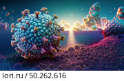 Covid virus illuminated, depicting spiked surface proteins, cellular structures, and virus particles. molecular interactions create a surreal, dynamic scientific and microscopic landscape. Стоковое AI-изображение, AI-художник Андрей Ка / Фотобанк Лори