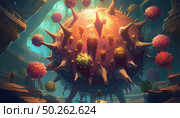 Towering Covid virus structures dominate a futuristic laboratory. Miniature scientists navigate the bustling alien-like environment, enhancing research and comprehension of microbial life. Стоковое AI-изображение, AI-художник Андрей Ка / Фотобанк Лори