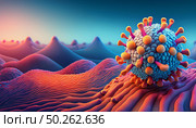 FLiRT, XEC, Coronavirus image shows an unstable, colorful, abstract landscape. Surreal ocean waves represent the turbulent context of the Covid-19 global health crisis. Стоковое AI-изображение, AI-художник Андрей Ка / Фотобанк Лори