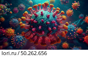 Detailed representation of microscopic Covid-19 particles, the unique spiky protein structures, emphasizing the complexity, evolution, transmission and significant threat of the ongoing viral pandemic. Стоковое AI-изображение, AI-художник Андрей Ка / Фотобанк Лори