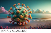 Bright colored surreal Covid virus depicted in fantastic landscape. Depicts detailed viral structure, vibrant hues, environment. Evokes scientific discovery, microscopic scene, biological wonder. Стоковое AI-изображение, AI-художник Андрей Ка / Фотобанк Лори