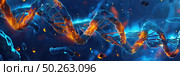 Neural synapses firing electric sparks depicting the process of neurotransmission in the human brain. Стоковое AI-изображение, AI-художник Данила Большаков / Фотобанк Лори