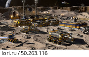A busy space station filled with various vehicles, including spacecraft, shuttles, and rovers, bustling with activity. Стоковое AI-изображение, AI-художник Данила Большаков / Фотобанк Лори