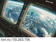 Earth seen through a space station window with the curvature of the planet visible against the darkness of space. Стоковое AI-изображение, AI-художник Данила Большаков / Фотобанк Лори