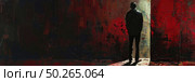 A painting depicting a man standing confidently in front of a vibrant red wall. Стоковое AI-изображение, AI-художник Данила Большаков / Фотобанк Лори