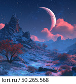 A fantastic landscape of an alien world. A mysterious mountainous area with sharp rocks, dry bushes and rare trees with bright red foliage opens up before us. The stars shine in the sky, and a huge pink-lilac Moon or satellite rises behind the clouds, creating the feeling of another planet. A deep color palette with a contrast of blue and scarlet emphasizes the atmosphere of cosmic mystery and surrealism. Ideal for science fiction themes, digital art and backgrounds for games or illustrations. Стоковое AI-изображение, AI-художник Анна Кривицкая / Фотобанк Лори