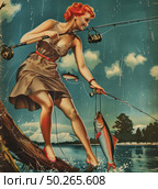 A vintage pin-up illustration of a red-haired woman fishing. She stands barefoot on a snag by the lake, wearing a tight dress and happily showing off her catch — a large fish on a fishing line. The atmosphere is dynamic, energetic and slightly ironic. The background is mountains, clouds and water. The illustration is done in the typical aesthetics of retro advertising of the 1950s, with emphasized lines, bright colors and expressive facial expressions. Стоковое AI-изображение, AI-художник Анна Кривицкая / Фотобанк Лори