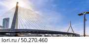 Panorama Boston Zakim bridge over Charles river Boston bay harbor at Boston downtown MA USA. Boston is the capital and most populous cityof the Commonwealth of Massachusetts in the United States. Стоковое фото, агентство Ingram Publishing / Фотобанк Лори