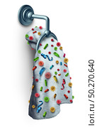 Contagious disease on towel spreading infectious germs in public as a health care risk concept as a dirty infected towel with microscopic viruses as coronavirus and bacteria with 3D illustration elements. Стоковое фото, агентство Ingram Publishing / Фотобанк Лори