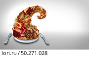 Fast food nutrition concept served on a plate as a wave of greasy fried onion rings burger and hot dogs as a symbol of compulsive overeating  dieting temptation as unhealthy eating with 3D illustration elements. Стоковое фото, агентство Ingram Publishing / Фотобанк Лори