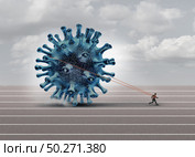 Disease burden concept as a burdened person or businessman pulling a heavy virus cell as a symbol for medical stress or influenza and coronavirus pressure with 3D illustration elements. Стоковое фото, агентство Ingram Publishing / Фотобанк Лори