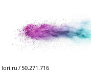 Decorative abstract horizontal line of powder or dust colorful explosion on a white background with copy space.. Abstract multicolored powder explosion on a white background. Стоковое фото, агентство Ingram Publishing / Фотобанк Лори
