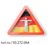 Prohibition sign with white man’s figure on the German flag on a white background, copy space. Restriction of entry into Germany. Quarantine concept. 3D illustration. Warning sign with white man’s figure on the German flag. Стоковое фото, агентство Ingram Publishing / Фотобанк Лори