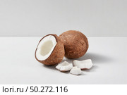 Natural organic set from fresh ripe coconut fruits with half and small pieces on a light grey duotone background, copy space. Vegetarian concept.. Composition from parts of fresh ripe natural coconuts fruits on a grey background. Стоковое фото, агентство Ingram Publishing / Фотобанк Лори