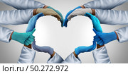 Essential health care workers and frontine medical group or hospital medicine teamwork as a group of doctors and nurses joining together as physicians unified for patient care in a 3D illustration style. Стоковое фото, агентство Ingram Publishing / Фотобанк Лори