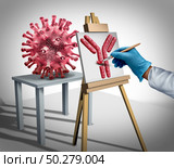 Virus vaccine development concept and flu or coronavirus medical research as Immunoglobulin or disease control with a doctor creating an antibody for researching a cure with 3D illustration elements. Стоковое фото, агентство Ingram Publishing / Фотобанк Лори
