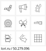 Set of 9 Simple Line Icons for Web and Print such as, racket, fire, games, miscellaneous Vector Illustration. Стоковая иллюстрация, агентство Ingram Publishing / Фотобанк Лори