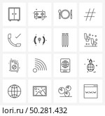 Pixel Perfect Set of 16 Vector Line Icons such as communication, tag, food, sharp, hash Vector Illustration. Стоковая иллюстрация, агентство Ingram Publishing / Фотобанк Лори