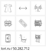 Modern Style Set of 9 line Pictograph Grid based bandage, adhesive bandage, infrared, setting, equalizer Vector Illustration. Стоковая иллюстрация, агентство Ingram Publishing / Фотобанк Лори