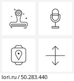 Modern Style Set of 4 line Pictograph Grid based stamp, notification, mic, studio, expand Vector Illustration. Стоковая иллюстрация, агентство Ingram Publishing / Фотобанк Лори