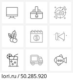9 Universal Line Icon Pixel Perfect Symbols of date, celebration, bar chart, calendar, fruits Vector Illustration. Стоковая иллюстрация, агентство Ingram Publishing / Фотобанк Лори