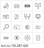 Set of 16 Line Icon Signs and Symbols of dslr, camera, carpet, user, email Vector Illustration. Стоковая иллюстрация, агентство Ingram Publishing / Фотобанк Лори