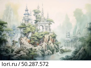 A fantastic landscape with architecture reminiscent of a fairytale or mythical city, lost among the mountains and forests. Majestic towers and arches rise among the rocks, surrounded by lush greenery and water. The ethereal atmosphere, soft pastel colors and misty distances create a sense of magic, peace and solitude. Ideal for fantasy, dream world, magic, adventure and nature themes. Стоковое AI-изображение, AI-художник Анна Кривицкая / Фотобанк Лори