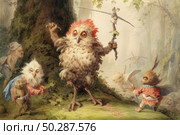 A fantastic illustration with elements of fairy tale and humor, depicting a gathering of bizarre woodland creatures in a magical forest. In the center is a feathered creature with a flaming red crest, holding a magic staff, like a leader or shaman. Around him are gathered other fantastic characters with bird and animal features, dressed in ancient clothes. The picture is filled with a magical atmosphere and fairytale aesthetics, perfect for children's books, fantasy projects and decorative art. Стоковое AI-изображение, AI-художник Анна Кривицкая / Фотобанк Лори
