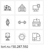 9 Universal Line Icons for Web and Mobile gym, dumbbell, adaptive web, minutes, time Vector Illustration. Стоковая иллюстрация, агентство Ingram Publishing / Фотобанк Лори