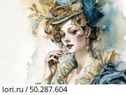 Watercolor portrait of an elegant lady in a vintage outfit in the style of the 18th century. The woman is depicted with an expressive look and a slight half-smile, she holds a thin cigarette. Her lush hairstyle is decorated with a hat with feathers, and her clothes are richly decorated with lace and frills. The painting is executed in an exquisite manner with a soft color palette and slight blurriness, creating an atmosphere of sophistication, nostalgia and romance of a bygone era. Стоковое AI-изображение, AI-художник Анна Кривицкая / Фотобанк Лори