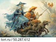 A fantasy watercolor illustration depicts two witches in ancient robes traveling on a magical structure resembling a flying tree stump or a broom, pulled by a mythical beast resembling a huge dog or wolf. A woman in blue and a woman in red sit next to each other, one holding a broom, the other a teapot and a staff with a bizarre decoration. Around them is an autumn fairytale forest, shrouded in light fog. An atmosphere of fairytale, magic and light irony permeates the entire image. Стоковое AI-изображение, AI-художник Анна Кривицкая / Фотобанк Лори