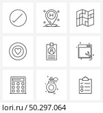 Set of 9 Simple Line Icons for Web and Print such as office, id card, navigation, data, valentine Vector Illustration. Стоковая иллюстрация, агентство Ingram Publishing / Фотобанк Лори
