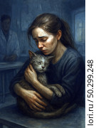 An emotional illustration of a young woman hugging a sick cat in a veterinary clinic. Her face expresses deep sadness and anxiety, and the animal is pressed to her chest, as if seeking comfort and last warmth. The background is darkened, with the silhouette of the veterinarian in the distance, which emphasizes the intimacy and tragedy of the moment. The painting conveys the drama of farewell, the silent love and devotion between man and animal. Стоковое AI-изображение, AI-художник Анна Кривицкая / Фотобанк Лори
