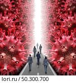 Virus Freedom concept and lockdown escape concept as people escaping contagious viral cells as a reopening after a pandemic outbreak or quarantine from disease with 3D render elements. Стоковое фото, агентство Ingram Publishing / Фотобанк Лори