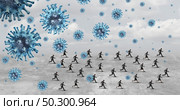 Business people or businesspeople running from the virus as coronavirus or covid-19 with businessmen and businesswomen escaping from disease as a reopening or quarantine concept with 3D illustration elements. Стоковое фото, агентство Ingram Publishing / Фотобанк Лори