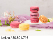 A french sweet delicacy, macaroons variety closeup. Color fresh macarroons on wooden bacground. Стоковое фото, агентство Ingram Publishing / Фотобанк Лори